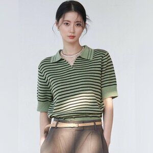 DAZY Mint Green and Black Striped Pattern Polo Neck Knit Top